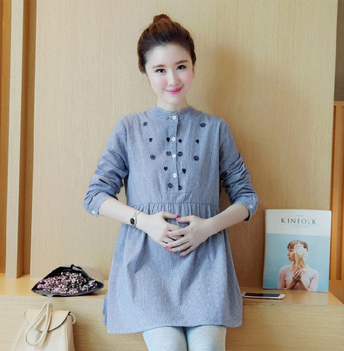 Maternity Dress Stand-up Collar Striped