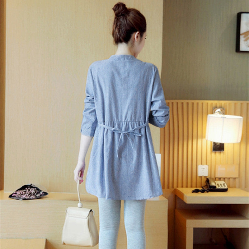 Maternity Dress Stand-up Collar Striped