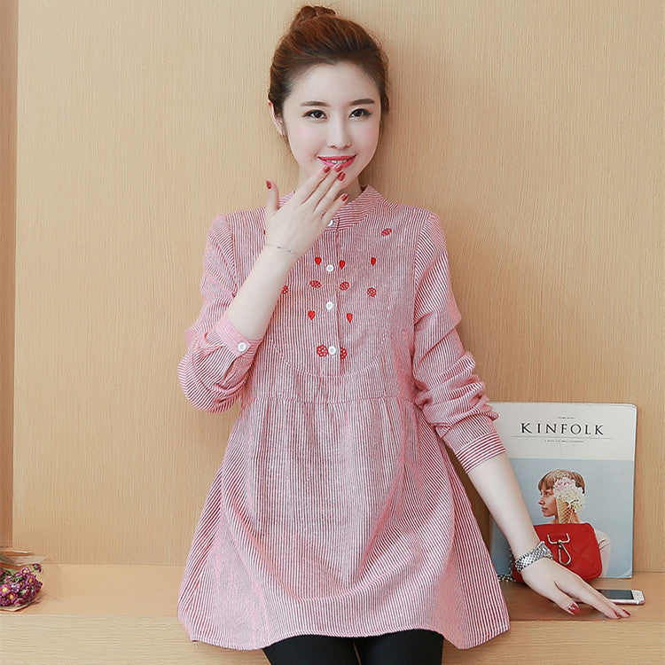 Maternity Dress Stand-up Collar Striped